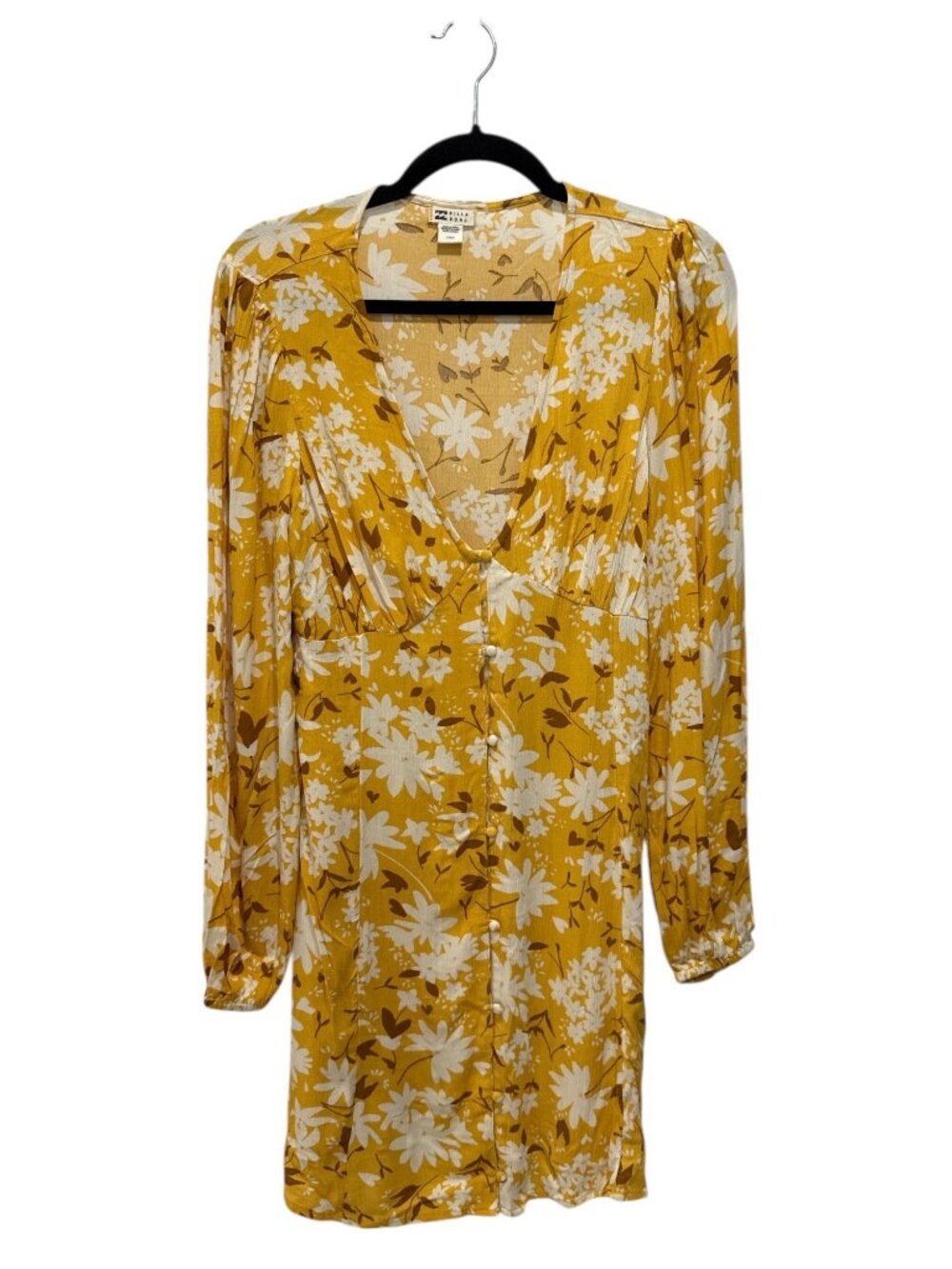Billabong Women's Yellow Floral Long Sleeve Mini Dress Button Front Size L - Picture 2 of 6